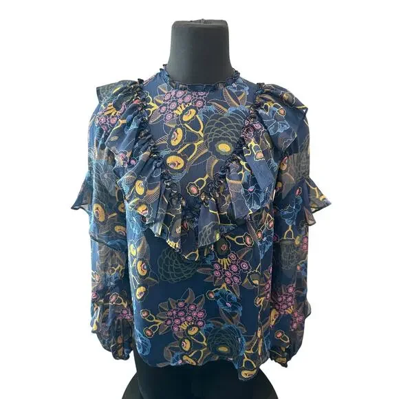 TED BAKER | Jovena Navy Floral Ruffle Sheer Romantic Blouse Top | Size 0 XS - Picture 3 of 7